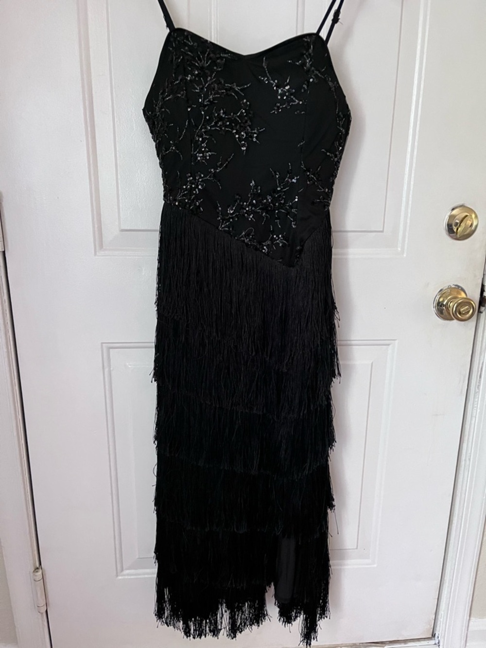 Black Fringe Slip Dress with Beaded Bodice